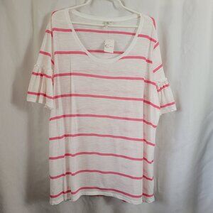 NEW Est. 1946 22/24W Pink White Striped Top Tunic ruffle sleeves scoop neck NWT